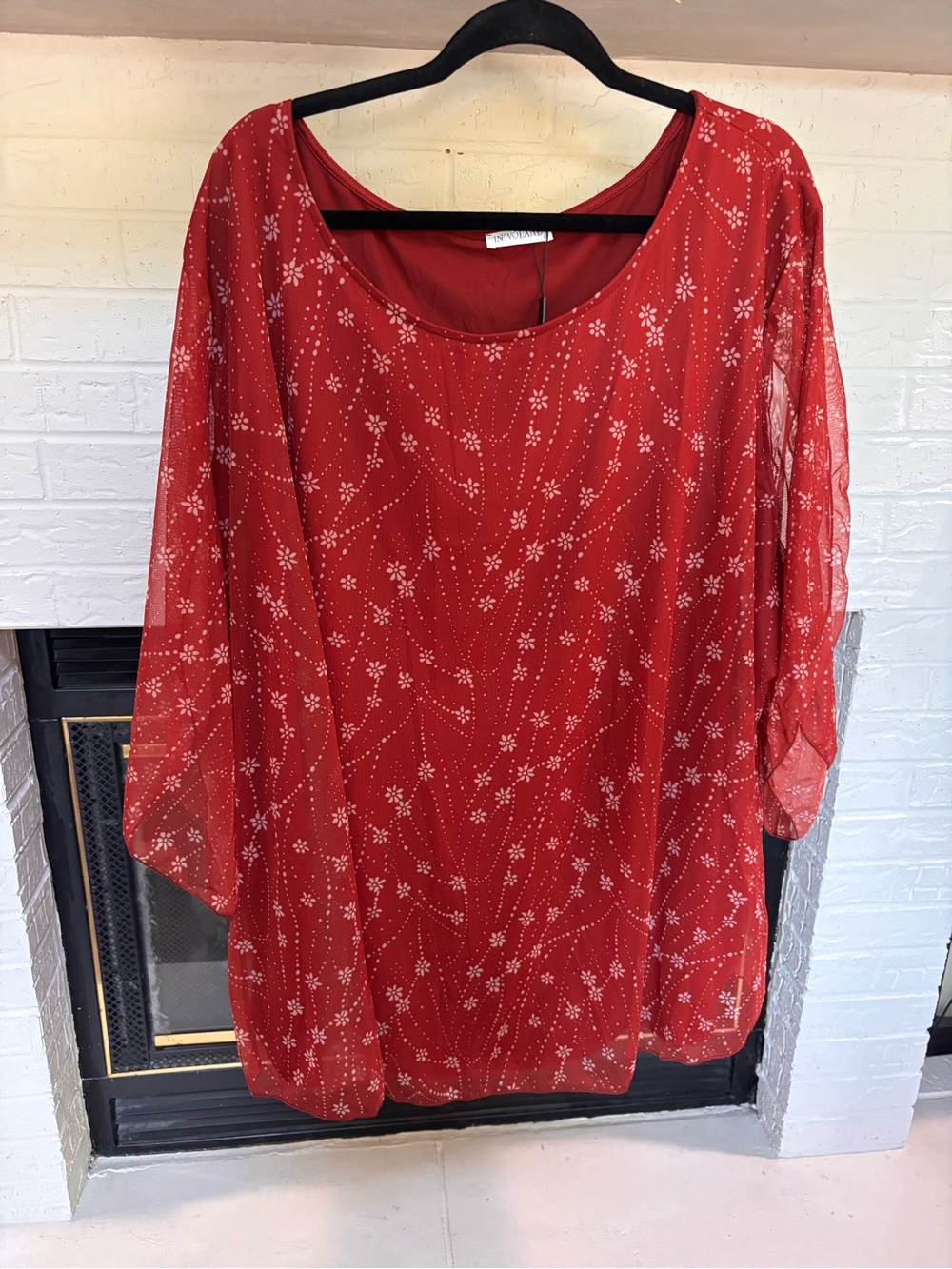 Red Floral-Print Long Sleeve Sheer Overlay Dress